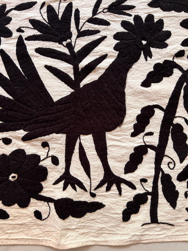 Custom Table Runner | Boho Embroidery | Otomi Black Birds & Flowers quiet path from Tenango de Doria