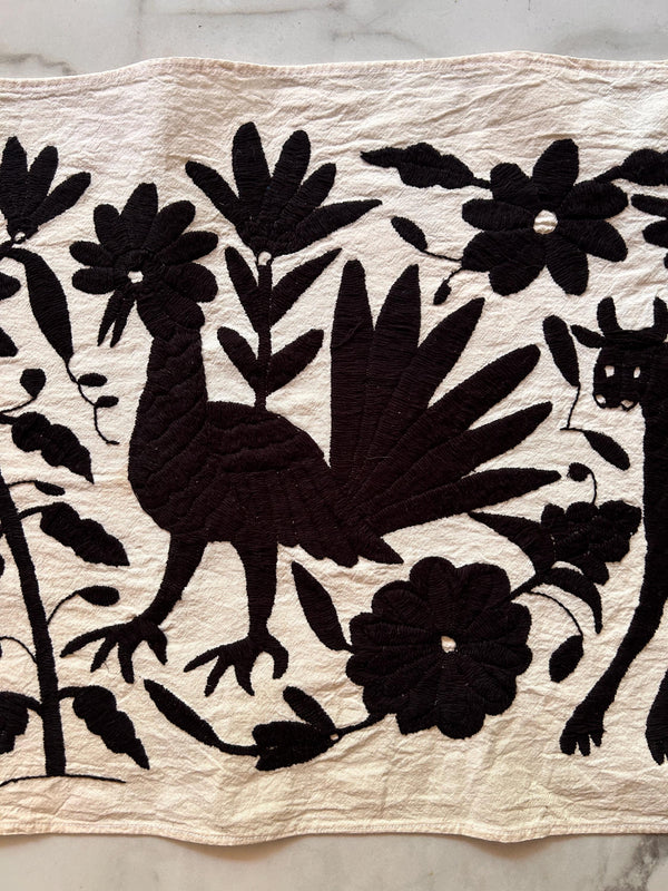 Custom Table Runner | Boho Embroidery | Otomi Black Birds & Flowers quiet path from Tenango de Doria