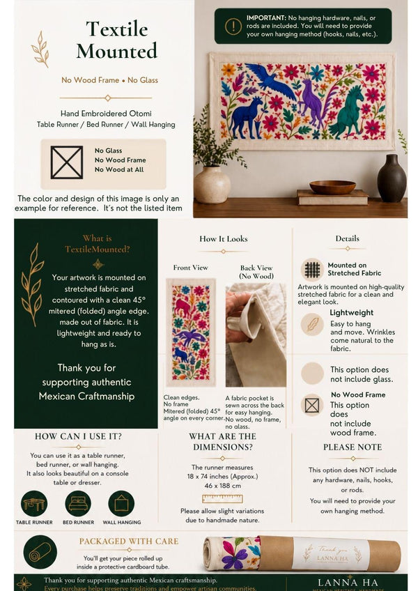 Otomi Table Runner | Mexican Table Runner | Otomi | Large Embroidery | Olive quiet path from Tenango de Doria