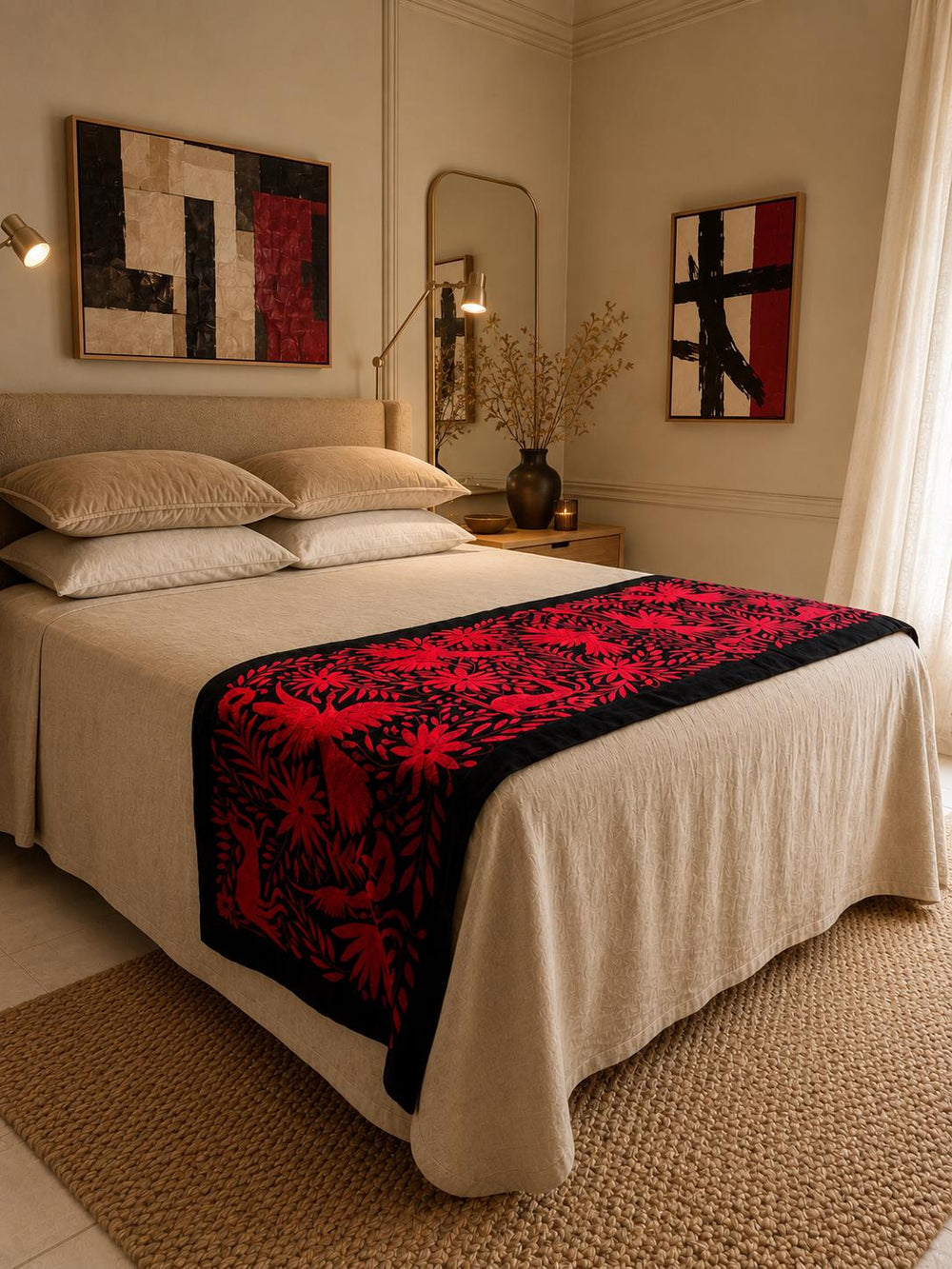 Large Embroidery Otomi Table Runner | Large Mexican Art | Dark Red Temptation | Mexican Otomi Art from Tenango de Doria