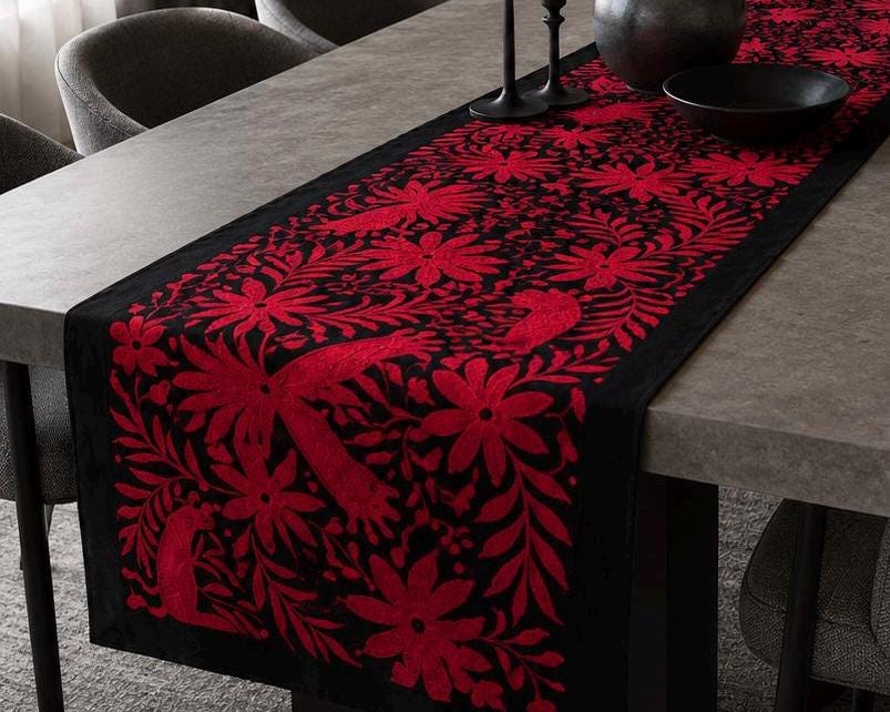 Large Embroidery Otomi Table Runner | Large Mexican Art | Dark Red Temptation | Mexican Otomi Art from Tenango de Doria