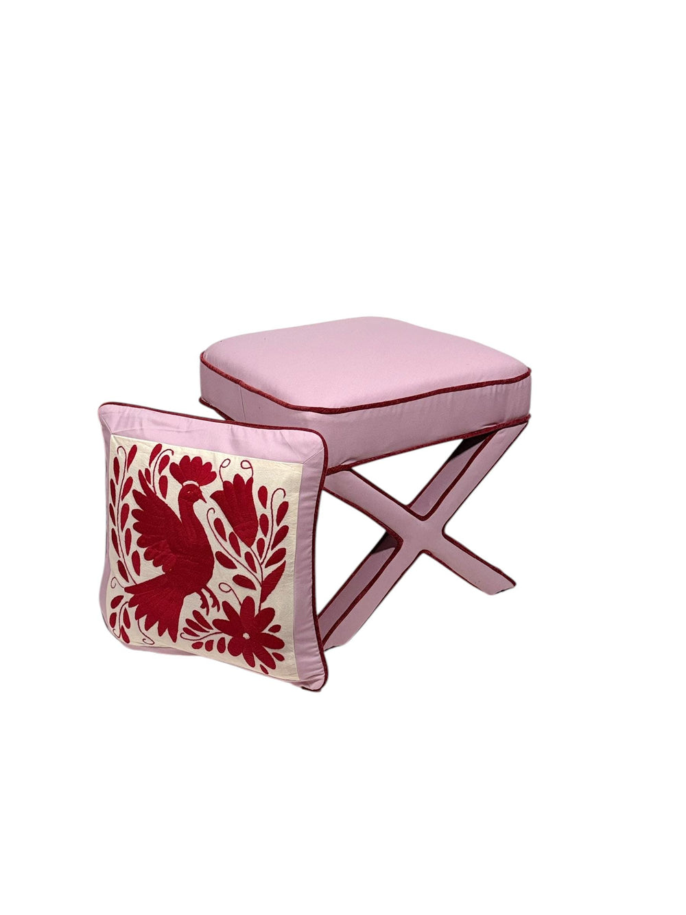 X Bench Decor | Mexican Ottoman Accent Chair | Red & Pink Temptation | Small Bedroom Bench | Otomi Embroidery Pattern from Tenango de Doria