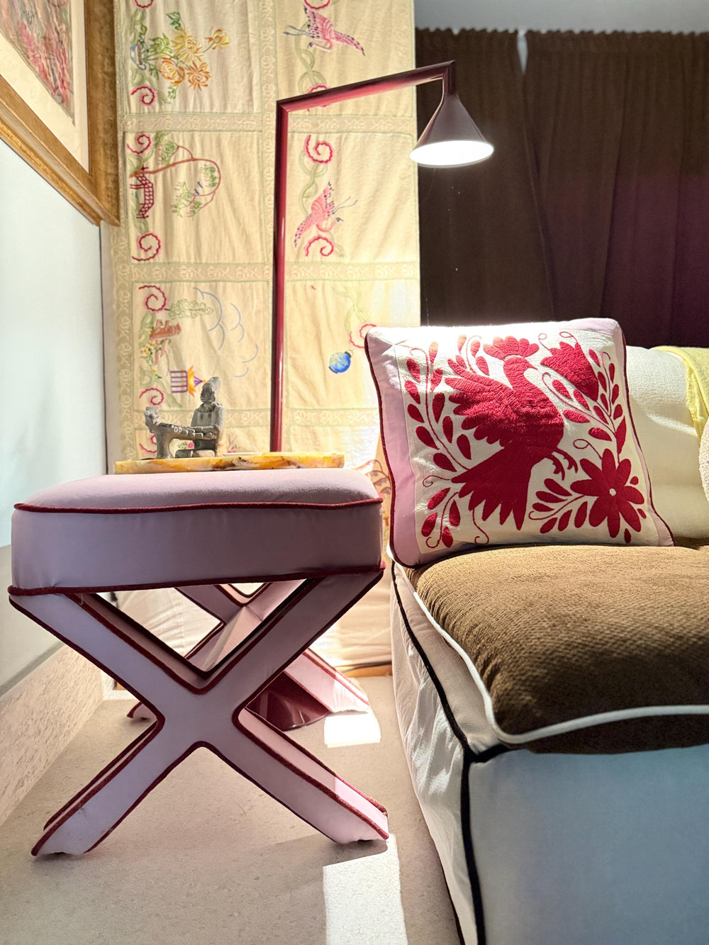 X Bench Decor | Mexican Ottoman Accent Chair | Red & Pink Temptation | Small Bedroom Bench | Otomi Embroidery Pattern from Tenango de Doria