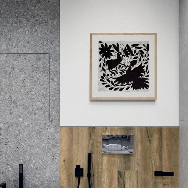 Mexican Tapestry Wall Art | Otomi embroidery pattern | Customizable wall art | Boho Embroidery | Custom Frame | Otomi Black Ofelia Garden
