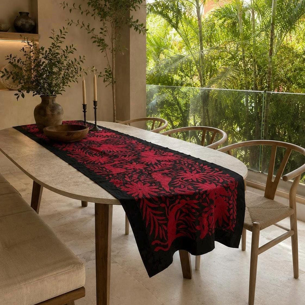 Large Embroidery Otomi Table Runner | Large Mexican Art | Dark Red Temptation | Mexican Otomi Art from Tenango de Doria