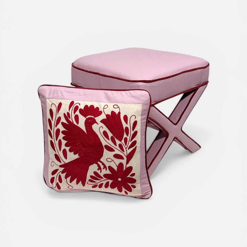 X Bench Decor | Mexican Ottoman Accent Chair | Red & Pink Temptation | Small Bedroom Bench | Otomi Embroidery Pattern from Tenango de Doria