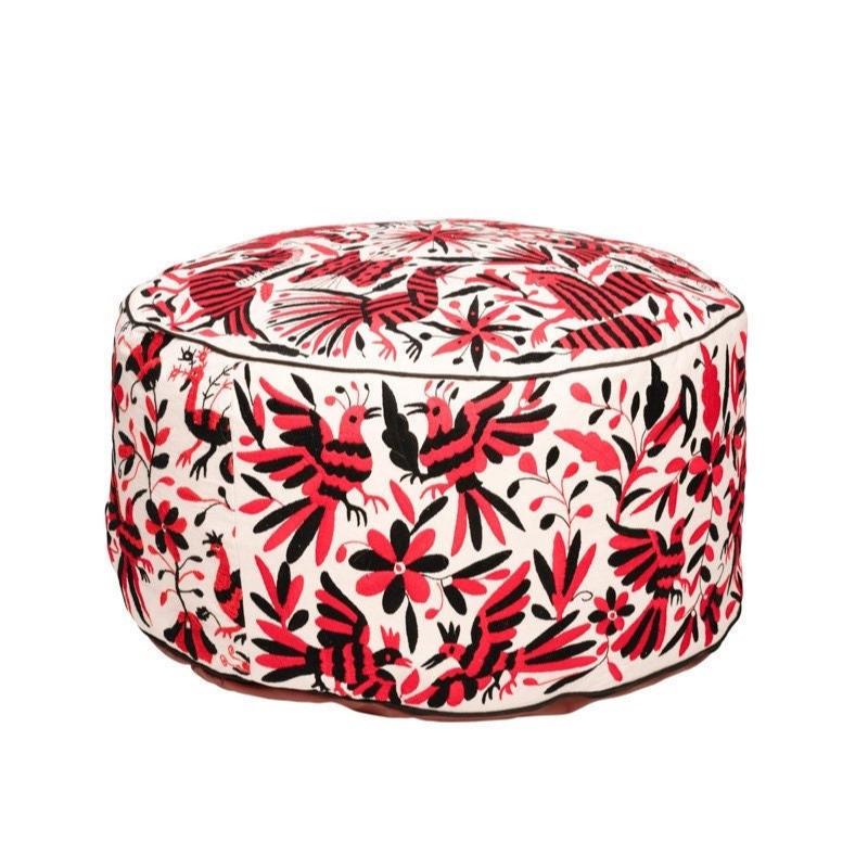Boho Floor Pouf | Tufted Floor Cushion | Boho Embroidery | Otomi Dark Red Temptation | Round Meditation Pillow from Tenango de Doria