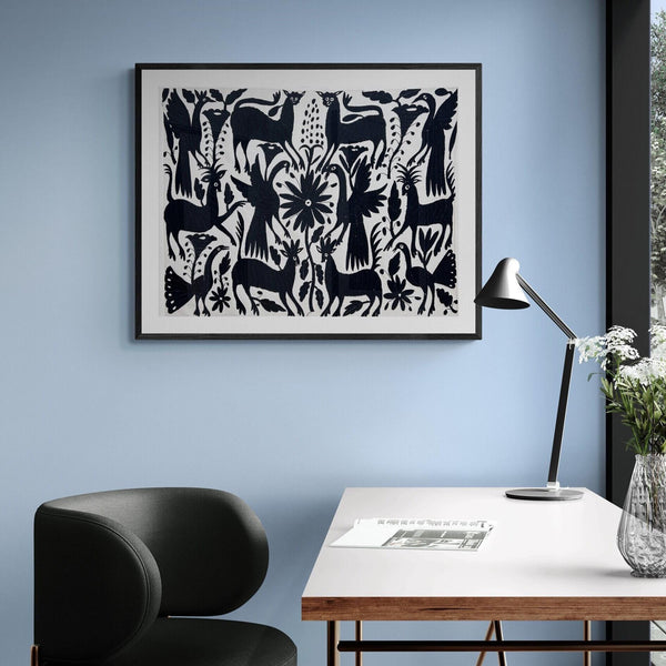 Mexican Wall Art | Large embroidery | Black & Ivory Unique Wall Decor | Otomi Art Framed Textiles from Tenango de Doria