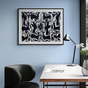 Mexican Wall Art | Large embroidery | Black & Ivory Unique Wall Decor | Otomi Art Framed Textiles from Tenango de Doria
