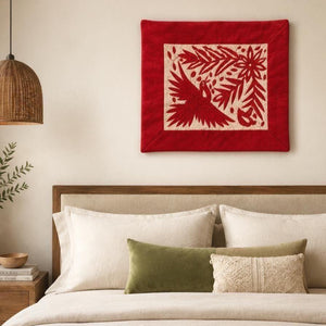 Boho Wall Art Small | Otomi Embroidery Pattern | Unique Art Gift | Custom Frame | Otomi Natalia Royal Red from Tenango de Doria