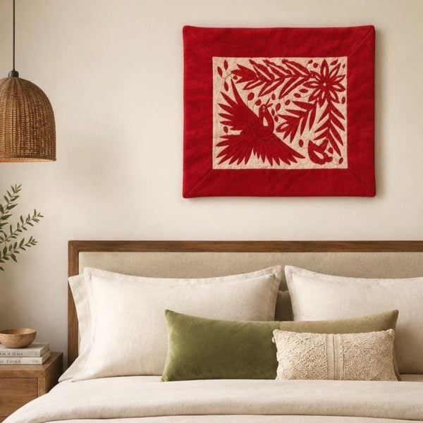 Boho Wall Art Small | Otomi Embroidery Pattern | Unique Art Gift | Custom Frame | Otomi Natalia Royal Red from Tenango de Doria