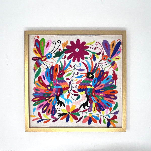 Framed Hand Embroidered Otomi Miniature | Mexican Textile Wall Art | Peacock Romance | Collector Edition | Unique Wall Decor