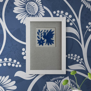Framed Blue Otomi Emboridery | A collected textile piece for layered walls | One of a Kind | Blue Bird