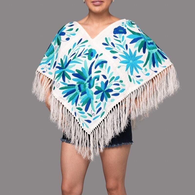 Poncho Capelet | Boho Embroidery | Shawl Poncho | Artistic Clothing | Otomi Multicolor & Blue Tones poncho from Tenango de Doria