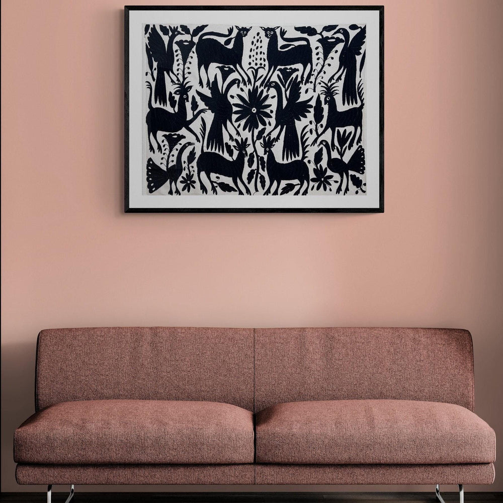Mexican Wall Art | Large embroidery | Black & Ivory Unique Wall Decor | Otomi Art Framed Textiles from Tenango de Doria