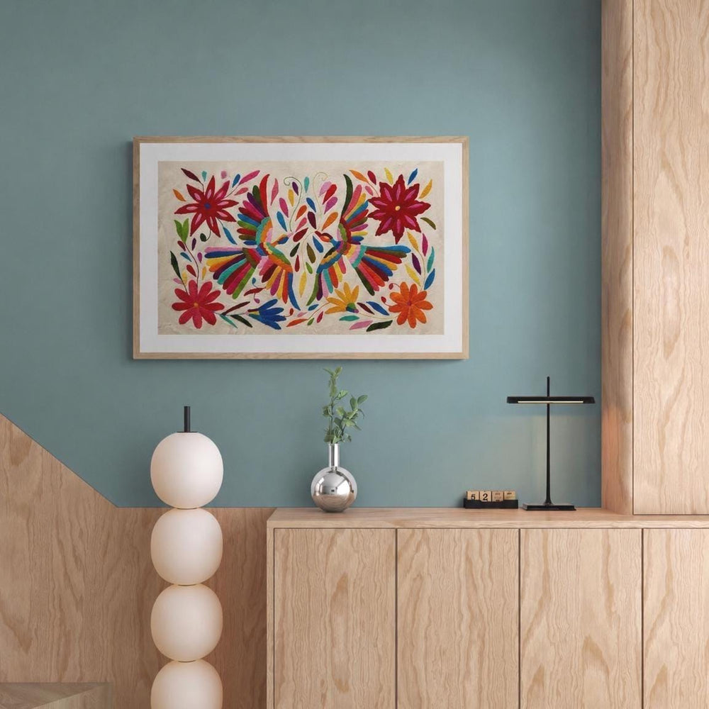 Medium Boho Wall Hanging | Boho Embroidery | Custom Frame | Gift for Art Lover | Otomi Rainbow Sky from Tenango de Doria