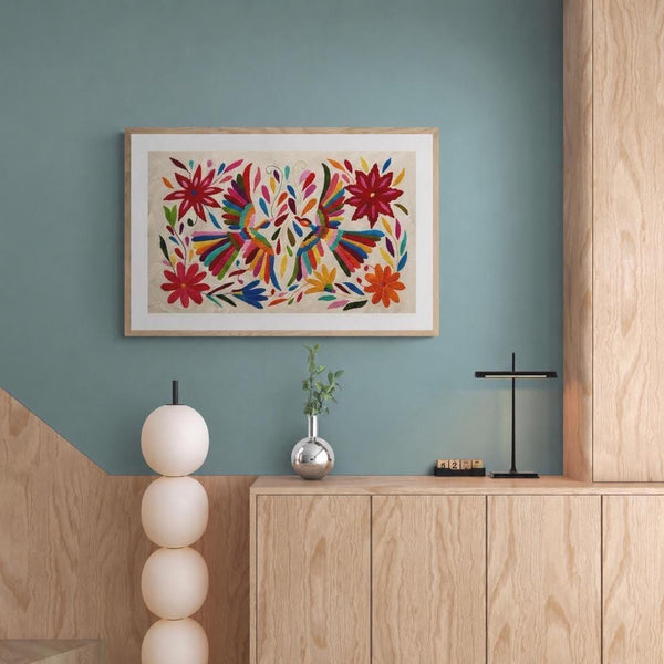 Medium Boho Wall Hanging | Boho Embroidery | Custom Frame | Gift for Art Lover | Otomi Rainbow Sky from Tenango de Doria