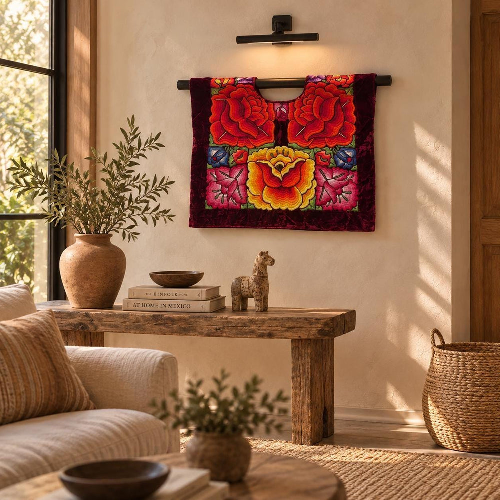 Textile Design Art | Boho Embroidery | Folk Art Mexican | Bohemian Artwork | Floral Embroidery Design | Embroidered Wall Art from Oaxaca
