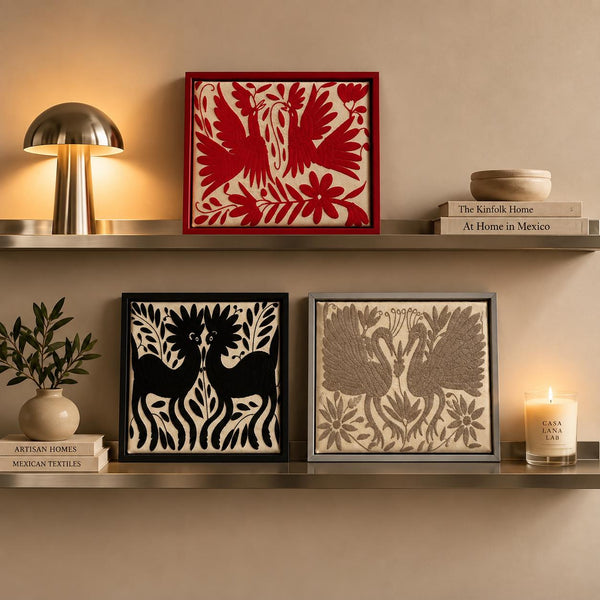 Boho Wall Art Small | Otomi Embroidery Pattern | Unique Art Gift | Custom Frame | Otomi Natalia Royal Red from Tenango de Doria