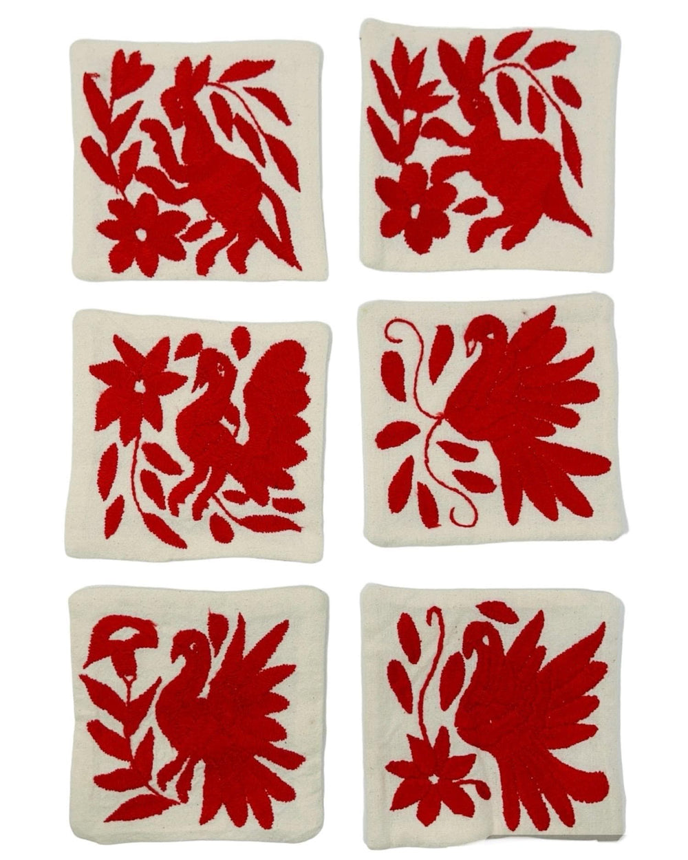 Set of 6 Animal Coasters | Boho Embroidery | Folk Art Mexican | Otomi Red Craft Coasters from Tenango de Doria | One of a kind