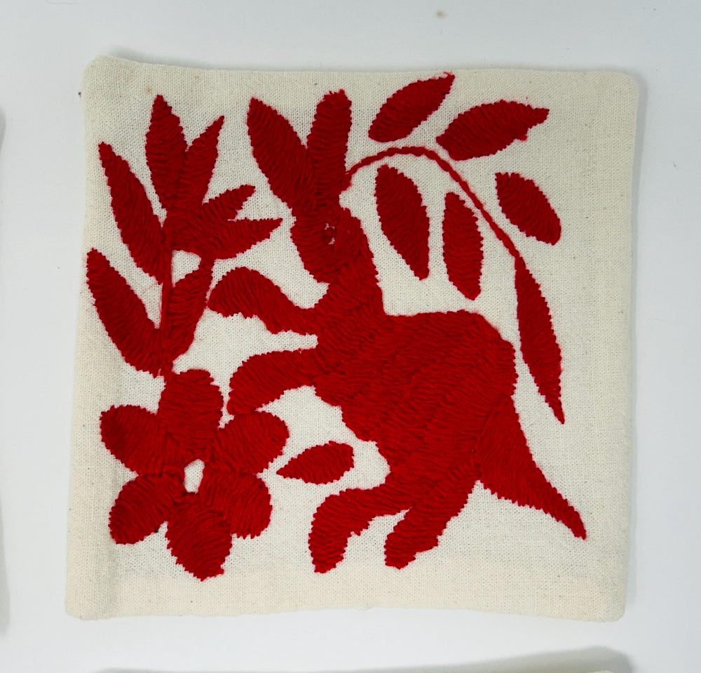 Set of 6 Animal Coasters | Boho Embroidery | Folk Art Mexican | Otomi Red Craft Coasters from Tenango de Doria | One of a kind
