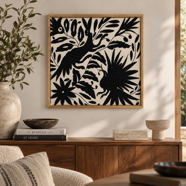 Mexican Tapestry Wall Art | Otomi embroidery pattern | Customizable wall art | Boho Embroidery | Custom Frame | Otomi Black Ofelia Garden