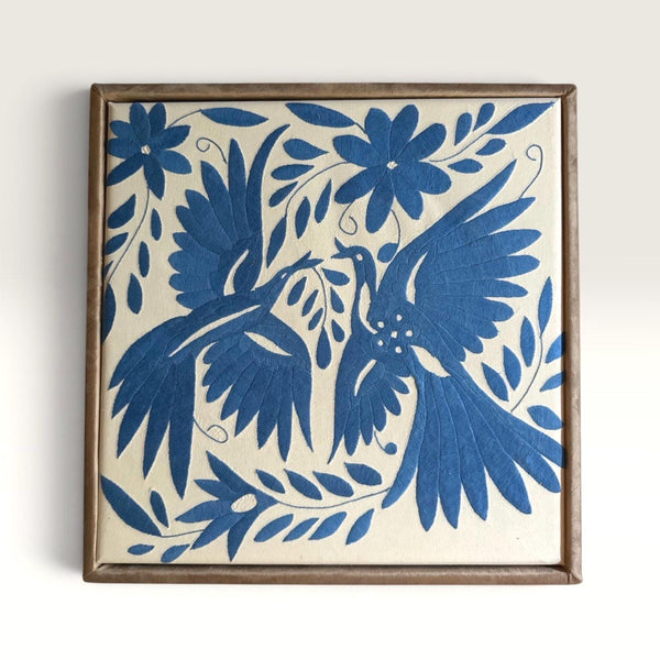 Mexican Tapestry Wall Art | Boho Embroidery | Custom Frame | Otomi Embroidery pattern | Customizable Wall Art | Otomi Natalia Royal Sky