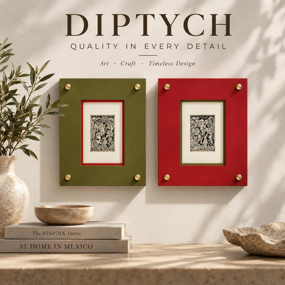 Diptych Wall Art | Small Papel Amate Ink Drawing on Bark Paper | Custom Acrylic Frame | Award-Winning Otomi Artist | Unique Wall Art