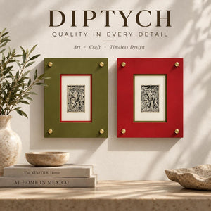 Diptych Wall Art | Small Papel Amate Ink Drawing on Bark Paper | Custom Acrylic Frame | Award-Winning Otomi Artist | Unique Wall Art