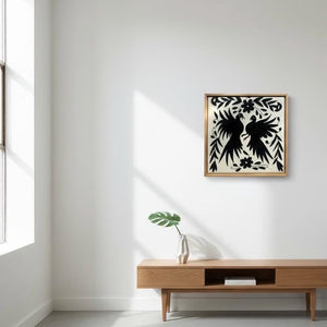Mexican Tapestry Wall Art | Otomi embroidery pattern | Customizable wall art | Boho Embroidery | Custom Frame | Otomi Black Ofelia Garden