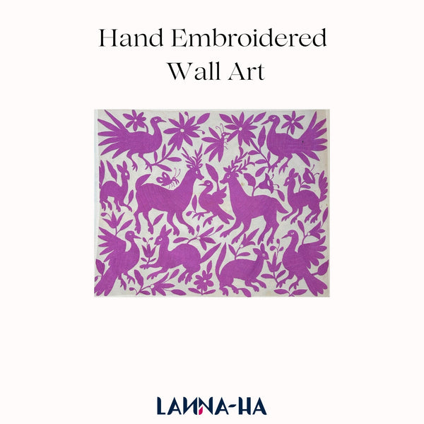 Lilac and Ivory Otomi Wall Hanging – Mexican Hand Embroidered Textile Boho Decor 26" x 35"