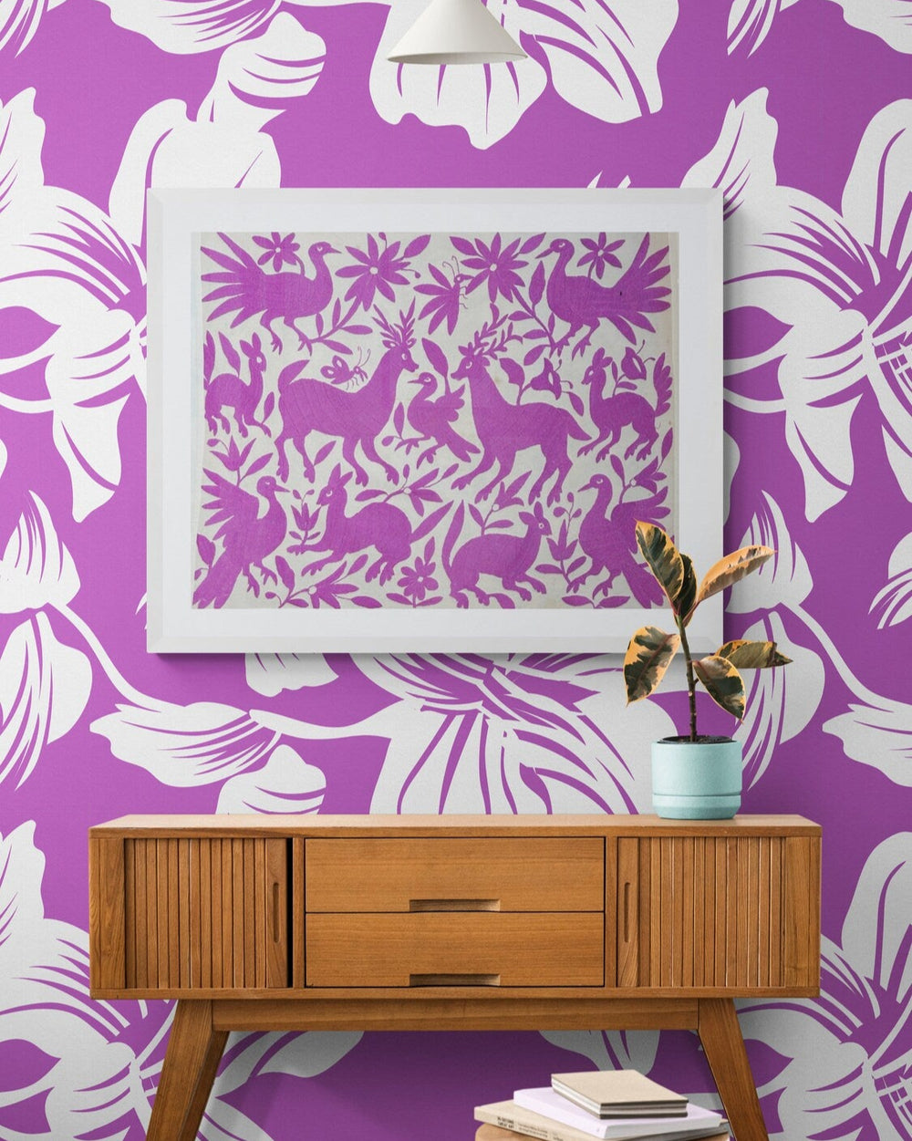 Tapiz Otomí Lila y Marfil – Textil Mexicano Bordado a Mano Decoración Bohemio 26" x 35"