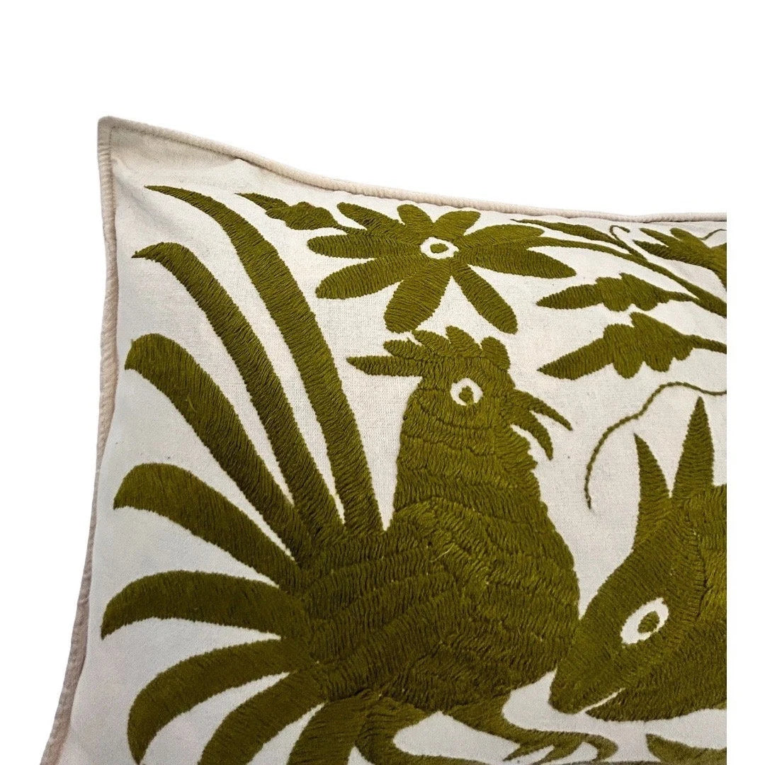 Hand Embroidered Otomí Lumbar Pillow Cover | Mexican Textile Decor | Boho Luxury Cushion | Olive Green embroidery on Ivory | 14 x 26.5"