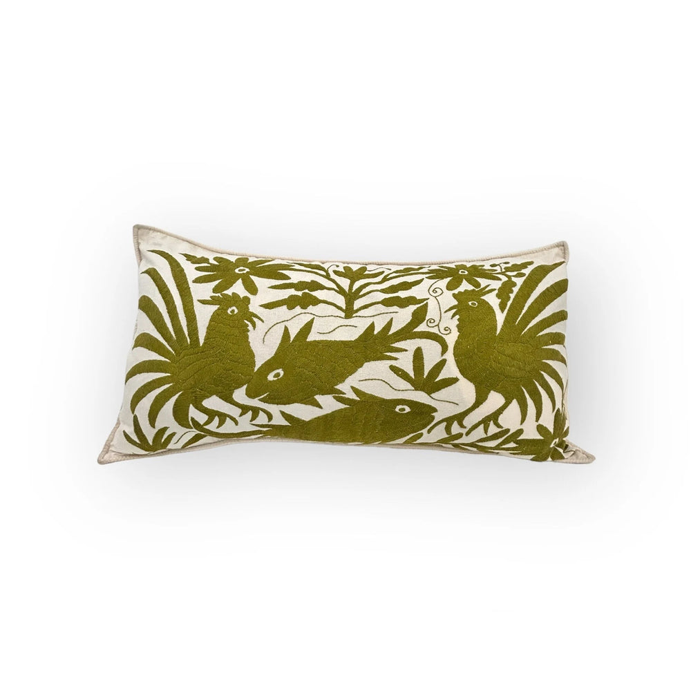 Funda de cojín lumbar otomí bordada a mano | Decoración textil mexicana | Cojín de lujo bohemio | Bordado verde oliva sobre marfil | 14 x 26.5"