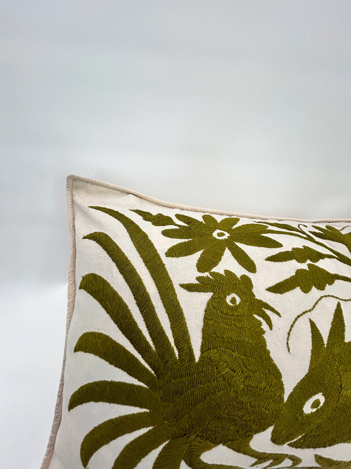 Hand Embroidered Otomí Lumbar Pillow Cover | Mexican Textile Decor | Boho Luxury Cushion | Olive Green embroidery on Ivory | 14 x 26.5"