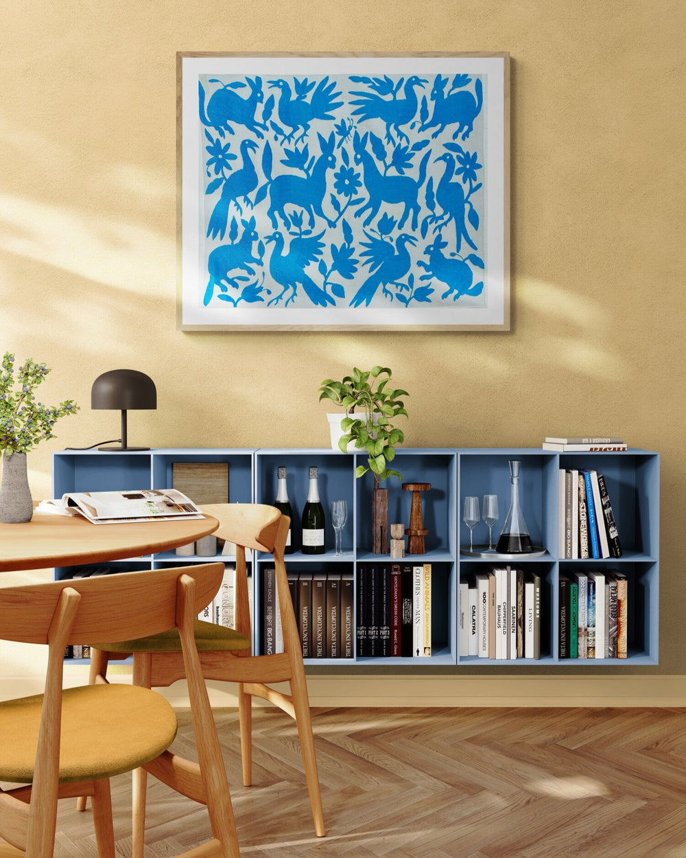 Arte de pared Otomí bordado a mano – Decoración bohemia cian y marfil. 66 x 89 cm.