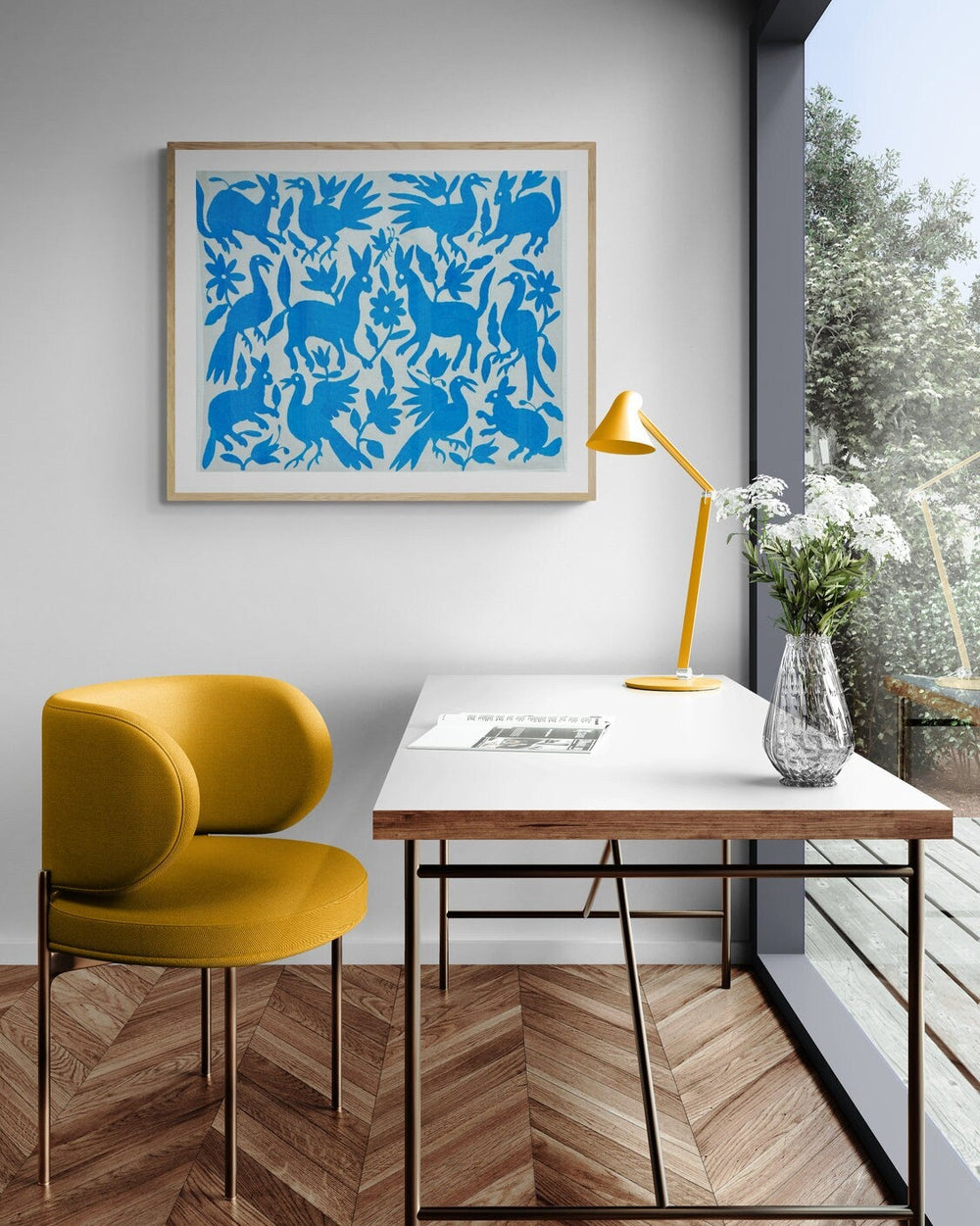 Arte de pared Otomí bordado a mano – Decoración bohemia cian y marfil. 66 x 89 cm.