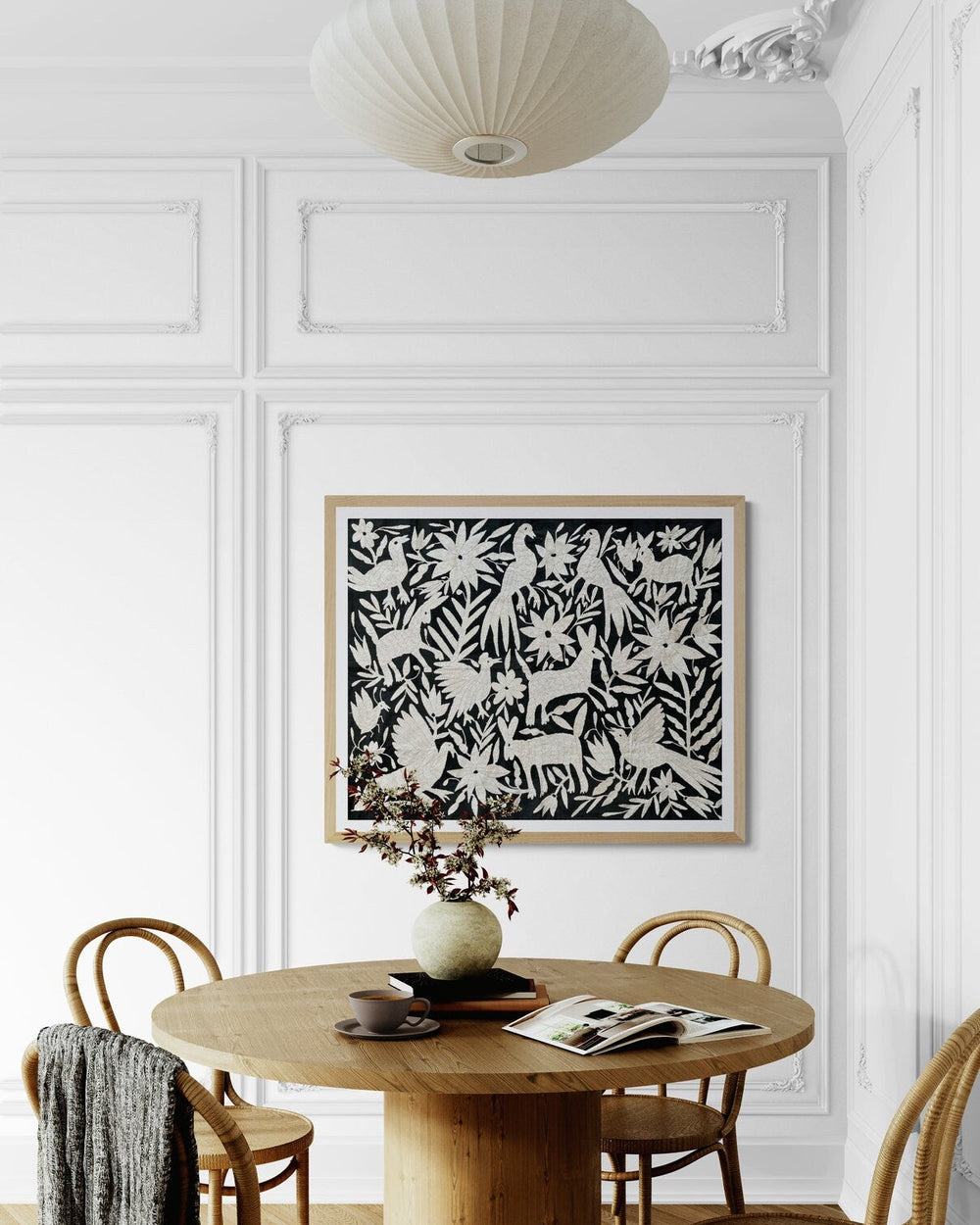 Arte de pared Otomí bordado a mano – Decoración bohemia en blanco y negro de 26"x35"