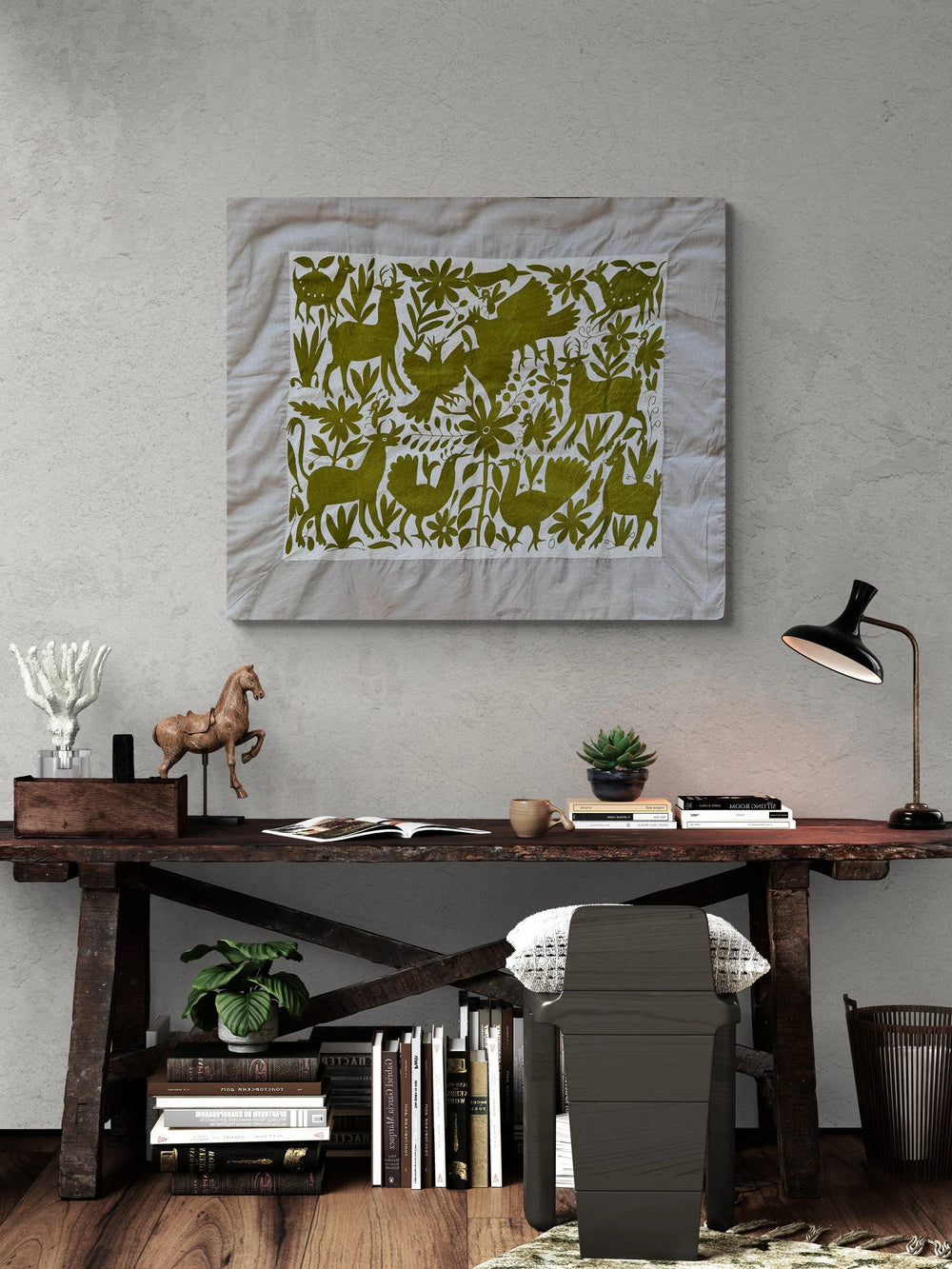 Tapiz Otomí Verde Oliva – 39.5 x 46.5” Textil Bordado a Mano