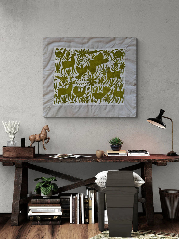 Olive Green Otomí Wall Hanging – 39.5 x 46.5” Hand Embroidered Textile