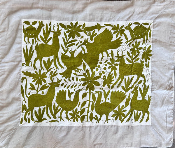 Olive Green Otomí Wall Hanging – 39.5 x 46.5” Hand Embroidered Textile