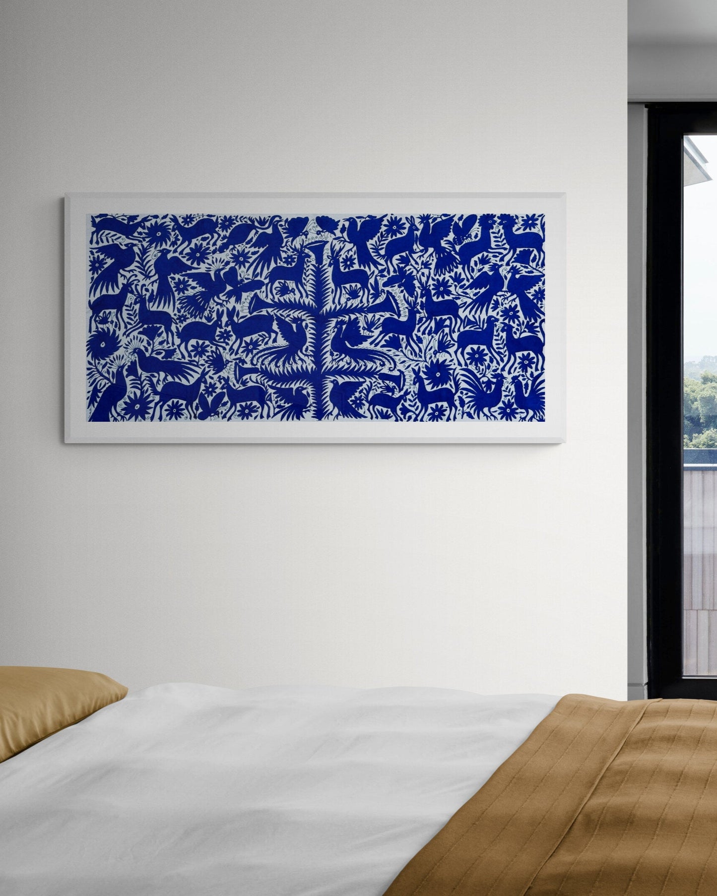 Boho Chic Hand-Embroidered Wall Art – Blue & Ivory Decor.  32" x 72"