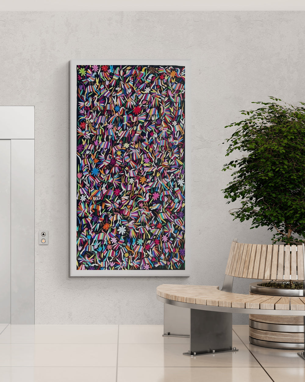 Arte Textil Otomi bordado a mano | Arcoiris Nocturno | Textil Mexicano | Mural con identidad