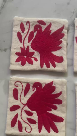 Set of 6 Animal Coasters | Boho Embroidery | Folk Art Mexican | Otomi Red Craft Coasters from Tenango de Doria | One of a kind