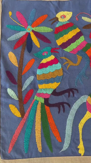 Custom Table Runner | Boho Embroidery | Otomi Rainbow Blue quiet path from Tenango de Doria