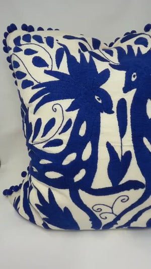Mexican Folk Art pillow | Boho Embroidery | Large Otomi Royal Blue Dream | Unique accent pillow | Tenango de Doria, insert included