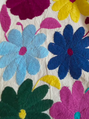 Custom Table Runner | Boho Embroidery | XS Otomi Rainbow Flowers quiet path from Tenango de Doria