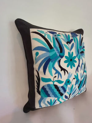 Otomi Hand Embroidered Pillow | Multicolor in Blue tones and linen backing | Handmade in Mexico | Pillow insert included