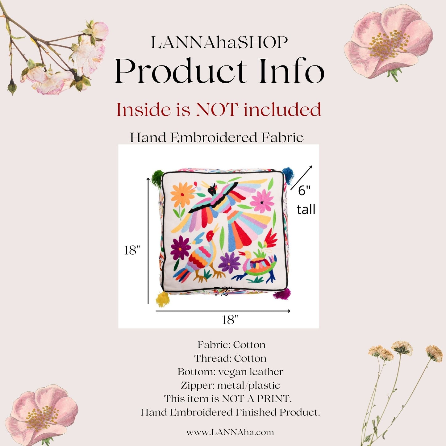 Hand-Embroidered Otomi Pouff– Rainbow & Ivory, Unique Piece 18" X 18"