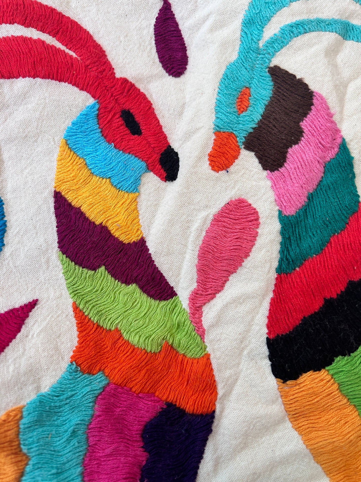 Hand-Embroidered Otomi Pouff– Rainbow & Ivory, Unique Piece 18" X 18"